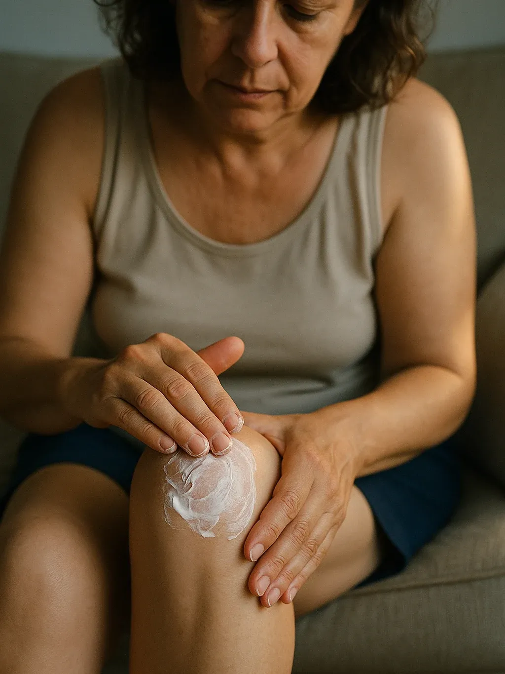 Mujer aplicándose la crema en la rodilla con movimientos circulares en su casa
