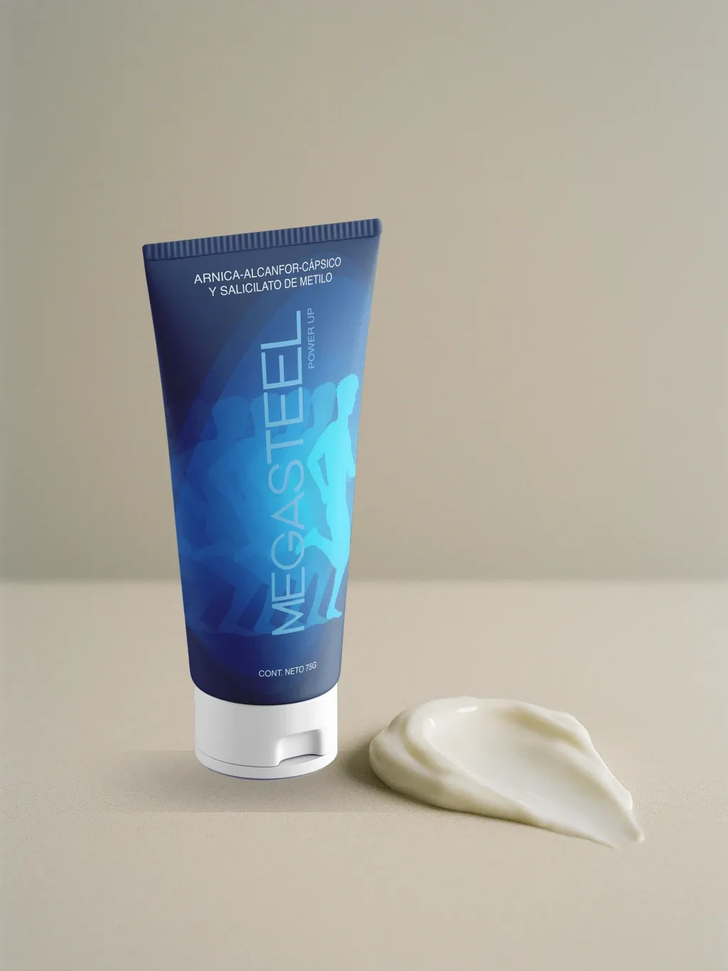 Pomo de MegaSteel junto a una porción de crema: es crema de uso tópico de 75 g, no existe en pastillas