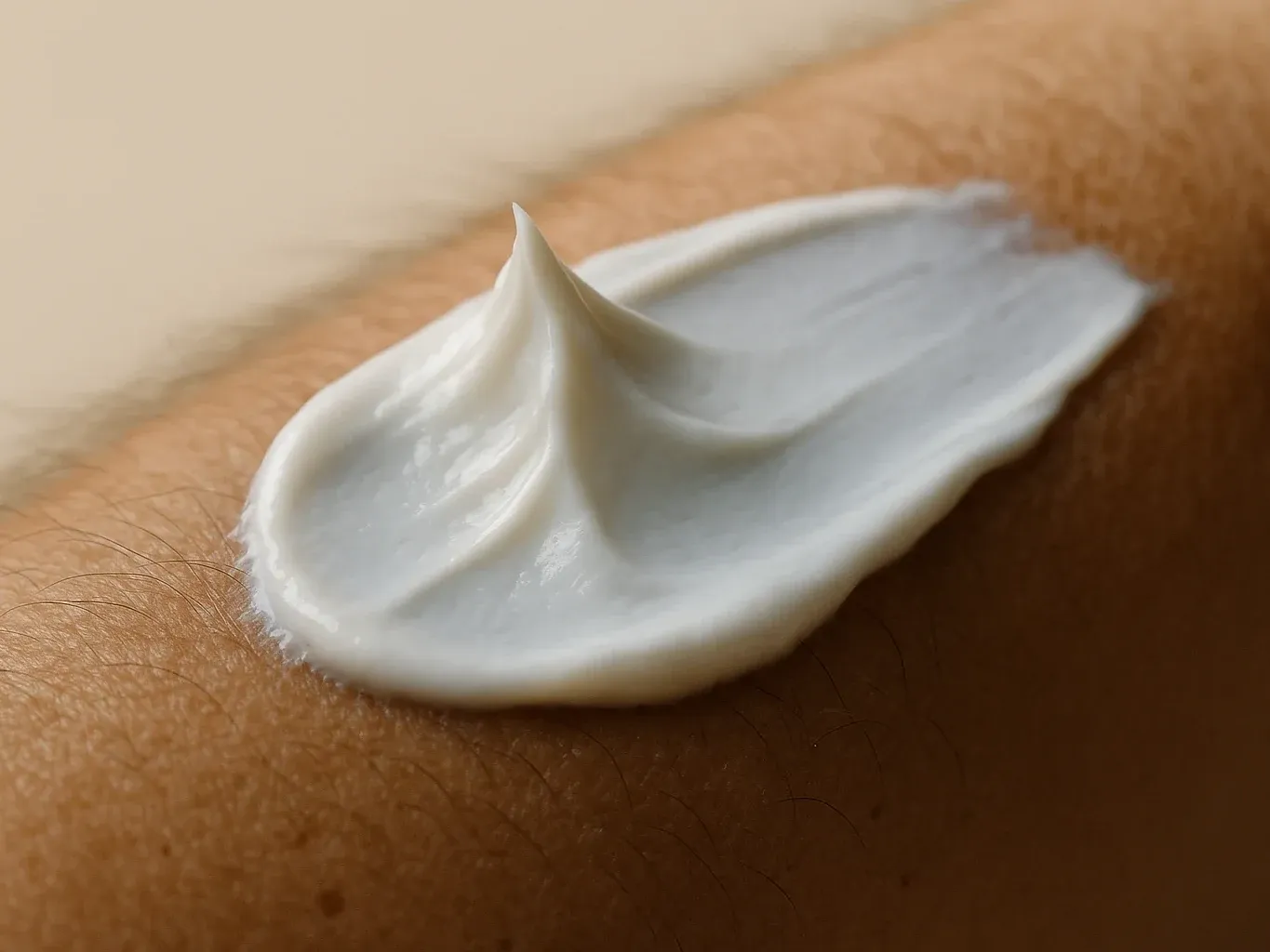 Textura de la crema MegaSteel extendida sobre la piel, blanca y de absorción rápida